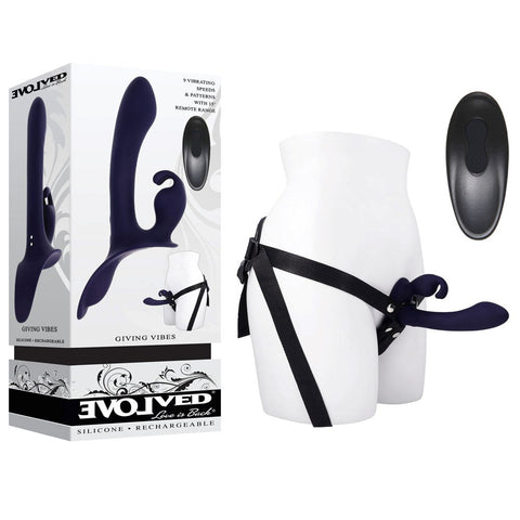 Evolved GIVING VIBES Rechargeable Vibrating Strap On Black Triple Motor Design - Strap On Sextoys