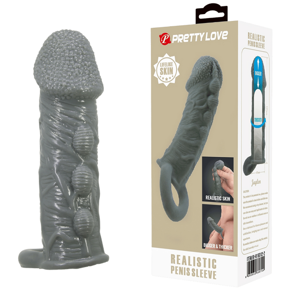 Baile Pretty Love Realistic Stretchy Penis Sleeve Black with Ball Strap - - Penis Sleeves and Extenders