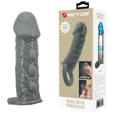 Baile Pretty Love Realistic Stretchy Penis Sleeve Black with Ball Strap - Penis Sleeves and Extenders