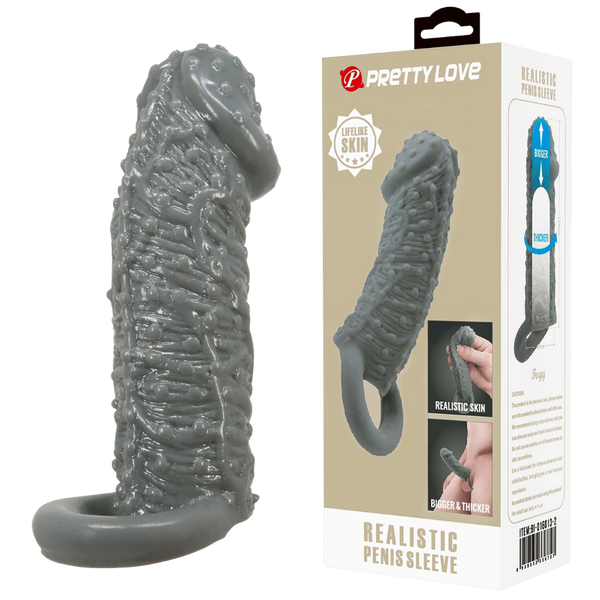 Baile Pretty Love Realistic Male Penis Sleeve Black with Ball Strap - - Penis Sleeves and Extenders