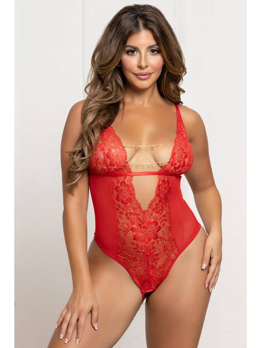 Seven til Midnight Mesh Teddy with Open Crotch Red and Lurex Lace Design - - Teddies and Bodysuits