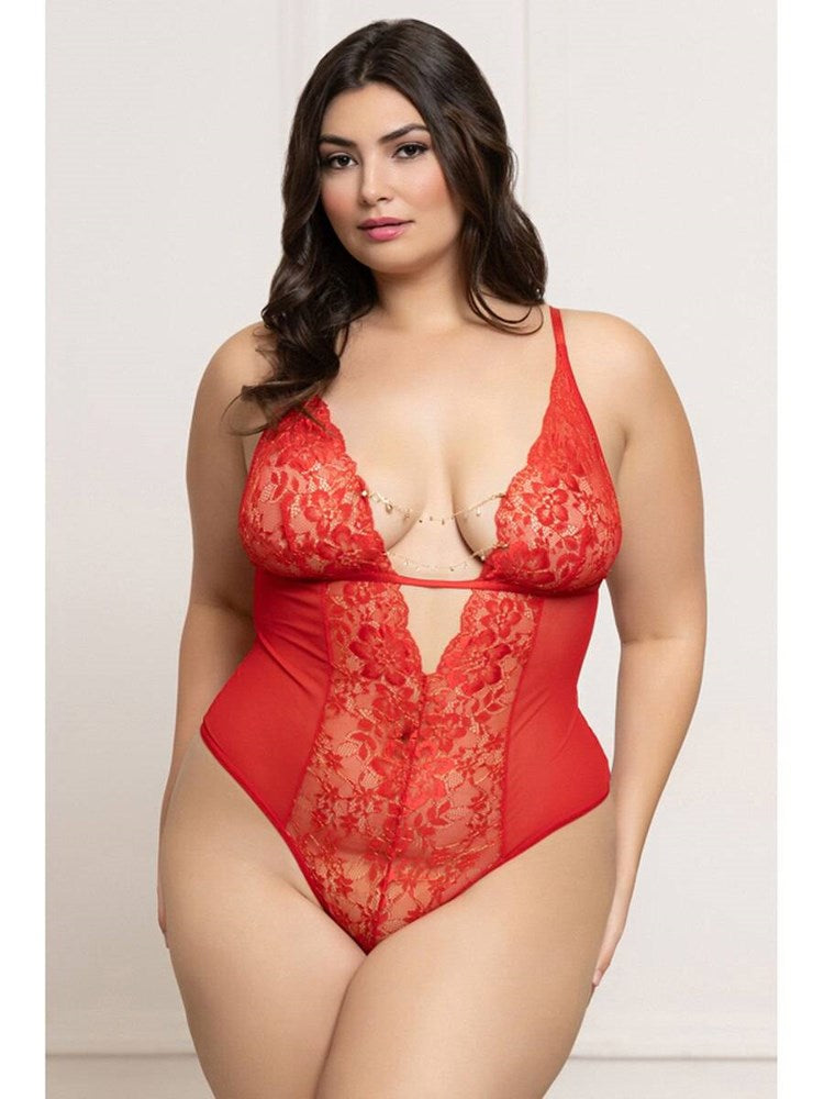 Seven til Midnight Mesh Teddy with Open Crotch Red and Lurex Lace Design - Teddies and Bodysuits