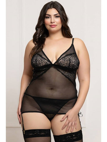 Seven til Midnight 2 Piece Lace and Mesh Chemise Set Black Seductive - BabyDolls And Chemises