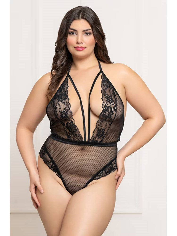 Seven til Midnight Fence Mesh and Lace Teddy Black with Strappy Details - - Teddies and Bodysuits