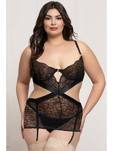 Seven til Midnight 2 Piece Lace and Satin Chemise Set Black with Underwire - BabyDolls And Chemises