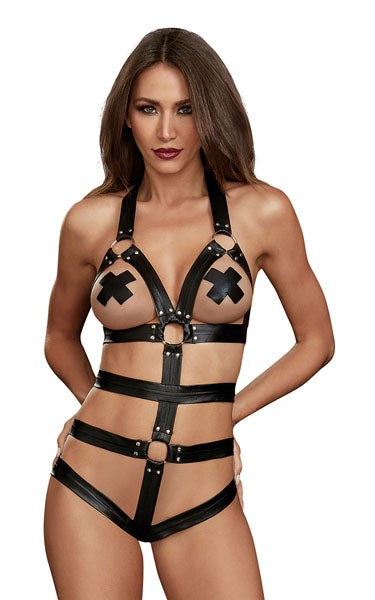 Dream Girl Lingerie Strappy Faux Leather Womens Teddy Black - Her Fetish
