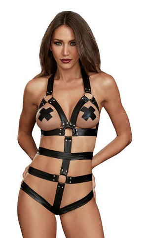 Dream Girl Lingerie Strappy Faux Leather Womens Teddy Black - Her Fetish