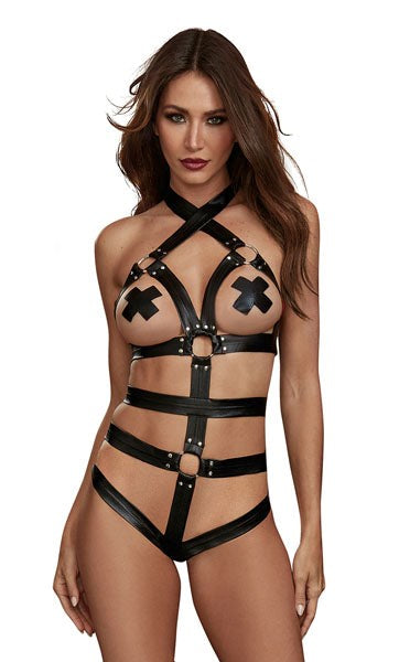 Dream Girl Lingerie Strappy Faux Leather Womens Teddy Black - Her Fetish