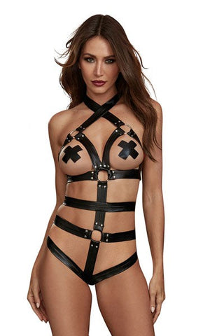 Dream Girl Lingerie Strappy Faux Leather Womens Teddy Black - Her Fetish