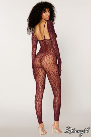 Dream Girl Lingerie Womens Catsuit Bodystocking & Shrug Burgundy - Body Stockings