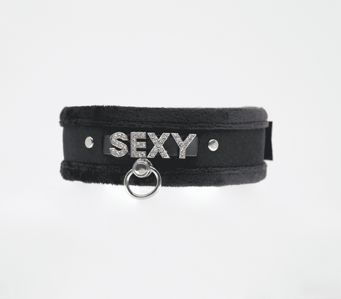 Love In Leather Diamante Sexy Fluffy Bondage Collar with Sparkling Design - Collars and Leads