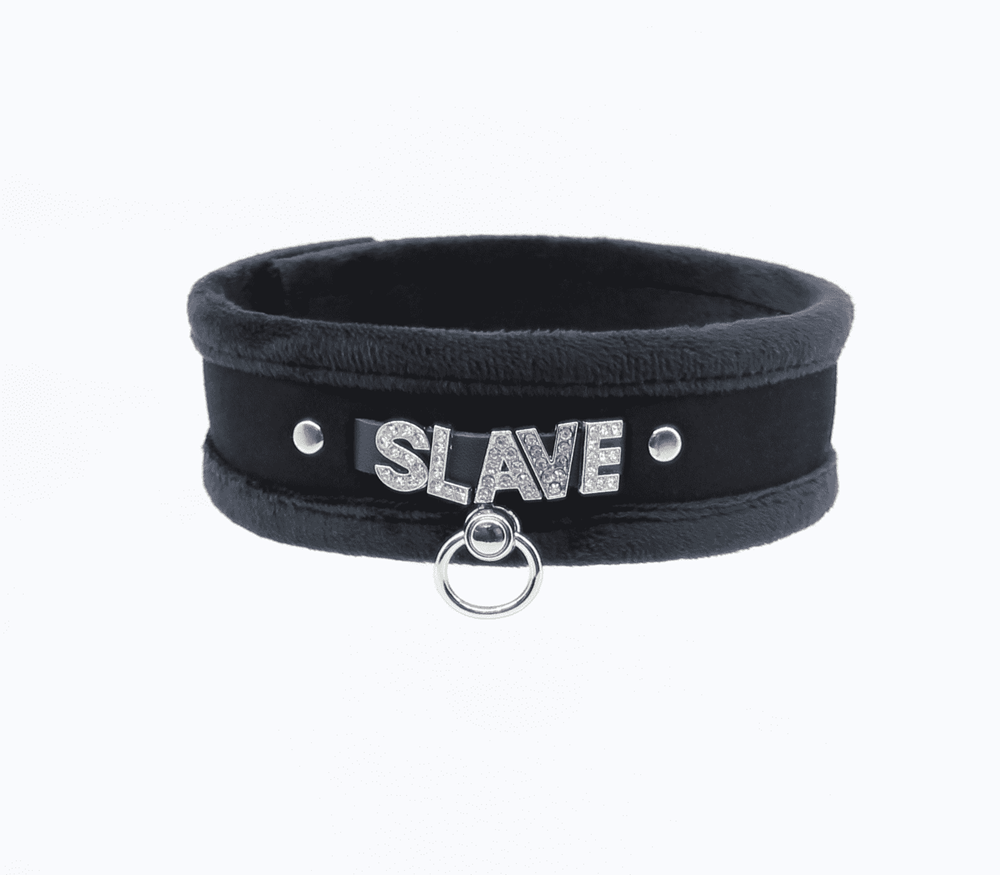 Love In Leather Diamante Slave Fluffy Fetish Collar with Diamante Lettering - - Collars and Leads