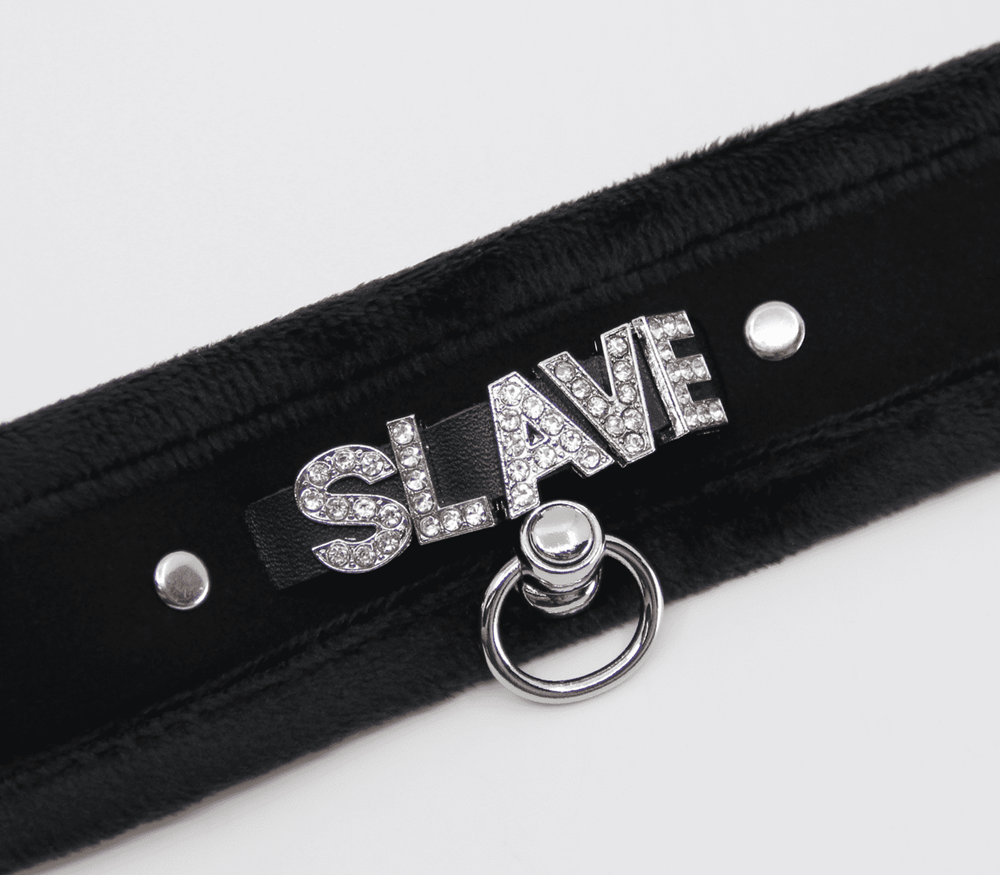 Love In Leather Diamante Slave Fluffy Fetish Collar with Diamante Lettering - - Collars and Leads