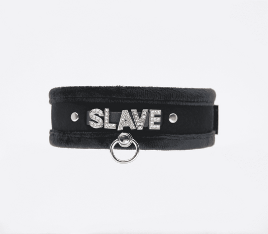 Love In Leather Diamante Slave Fluffy Fetish Collar - Black - Collars and Leads