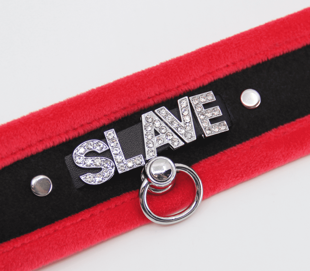 Love In Leather Diamante Slave Fluffy Fetish Collar with Diamante Lettering - Red - Collars and Leads