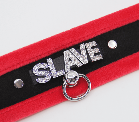 Love In Leather Diamante Slave Fluffy Fetish Collar with Diamante Lettering - Collars and Leads