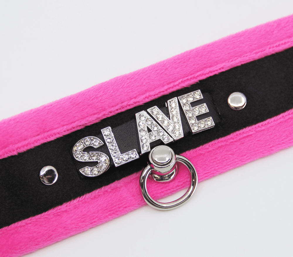 Love In Leather Diamante Slave Fluffy Fetish Collar with Diamante Lettering - Pink - Collars and Leads