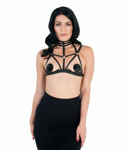 Love In Leather Harness Style Womens Bralette with Semi Lace Cups - Her Fetish