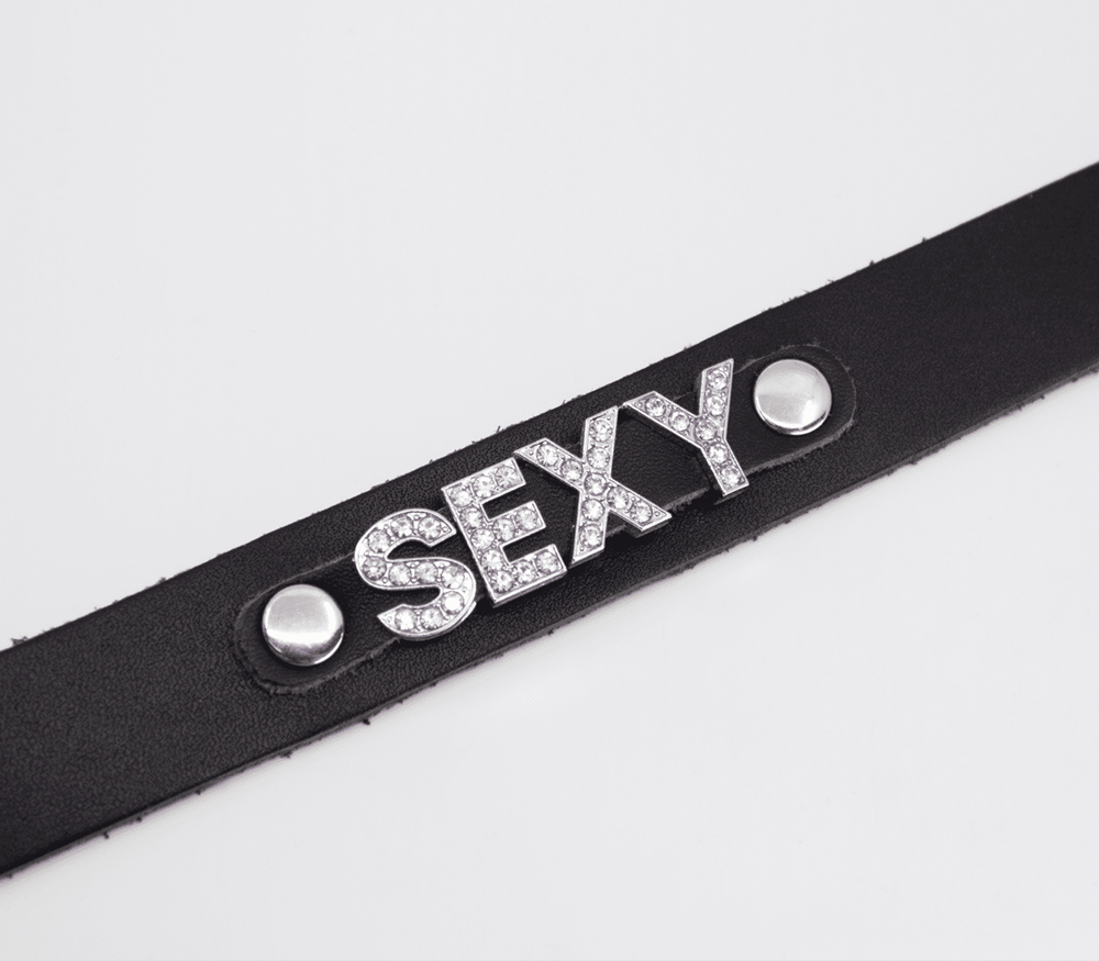 Love In Leather Diamante Sexy Word BDSM Collar - - Collars and Leads