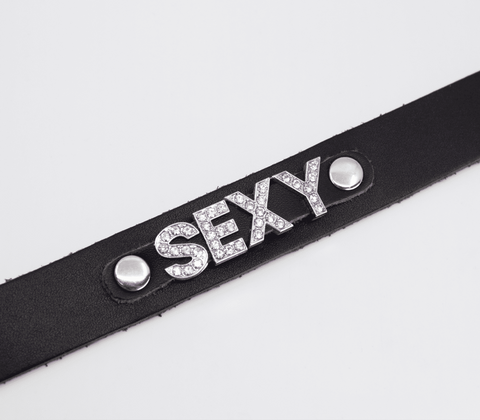 Love In Leather Diamante Sexy Word BDSM Collar Sparkling Statement Piece - Collars and Leads
