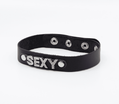 Love In Leather Diamante Sexy Word BDSM Collar Sparkling Statement Piece - Collars and Leads