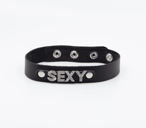 Love In Leather Diamante Sexy Word BDSM Collar Sparkling Statement Piece - Collars and Leads