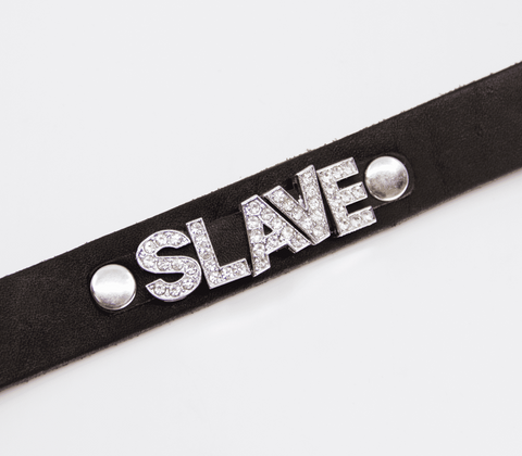 Love In Leather Diamante Slave Word BDSM Collar Sparkling Submission Symbol - Collars and Leads