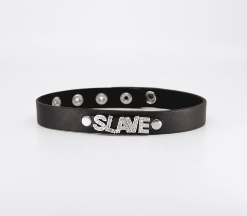 Love In Leather Diamante Slave Word BDSM Collar Sparkling Submission Symbol - Collars and Leads