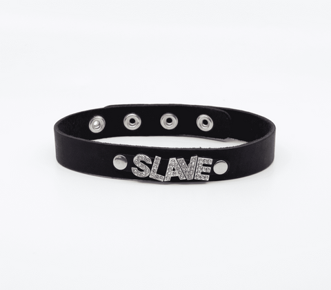 Love In Leather Diamante Slave Word BDSM Collar Sparkling Submission Symbol - Collars and Leads