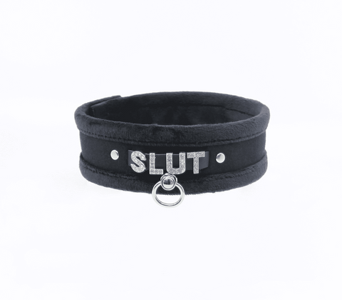 Love In Leather Diamante Slut Fluffy Fetish Collar Sparkling BDSM Collar - Collars and Leads