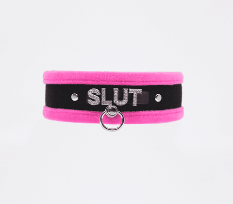 Love In Leather Diamante Slut Fluffy Fetish Collar Sparkling BDSM Collar - Collars and Leads