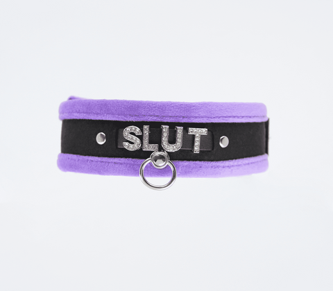 Love In Leather Diamante Slut Fluffy Fetish Collar Sparkling BDSM Collar - Collars and Leads