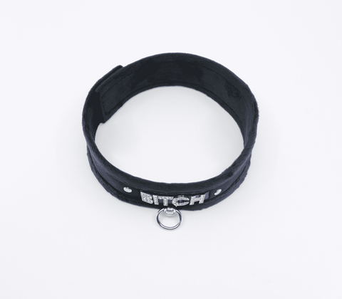 Love In Leather Diamante Bitch Fluffy Bondage Collar BDSM Power Play - Collars and Leads
