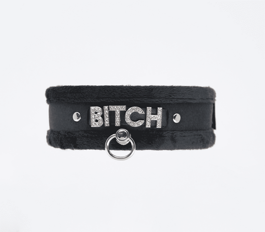 Love In Leather Diamante Bitch Fluffy Bondage Collar - Black - Collars and Leads