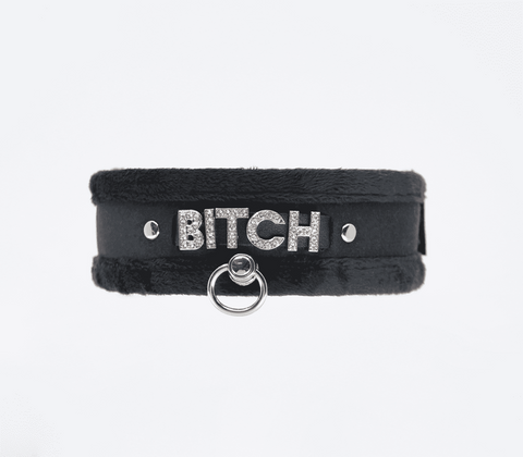 Love In Leather Diamante Bitch Fluffy Bondage Collar BDSM Power Play - Collars and Leads