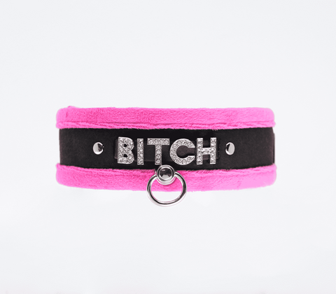 Love In Leather Diamante Bitch Fluffy Bondage Collar BDSM Power Play - Collars and Leads
