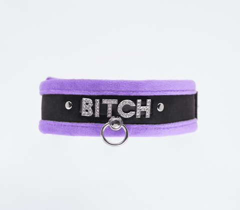Love In Leather Diamante Bitch Fluffy Bondage Collar BDSM Power Play - Collars and Leads