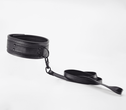 Love In Leather Faux Leather Collar & Lead Set Black Premium Vegan BDSM - Collars and Leads