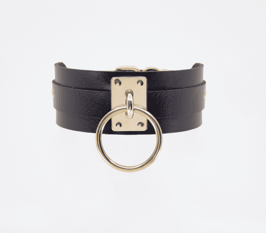 Love In Leather O-Ring Faux Leather BDSM Collar - Gold - Collars and Leads