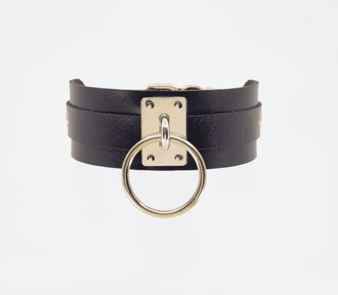 Love In Leather O Ring Faux Leather BDSM Collar with Metal Shackle Plate - Collars and Leads