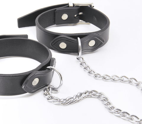 Love In Leather Classic Unlined Leather Handcuffs with Fixed Chain - Cuffs And Restraints