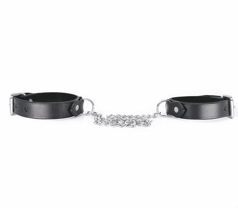 Love In Leather Classic Unlined Leather Handcuffs with Fixed Chain - Cuffs And Restraints