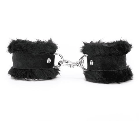 Love In Leather Fluffy Cuffs with Suede Leather Strap Premium Bondage - Cuffs And Restraints