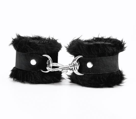 Love In Leather Fluffy Cuffs with Suede Leather Strap - Black - Cuffs And Restraints