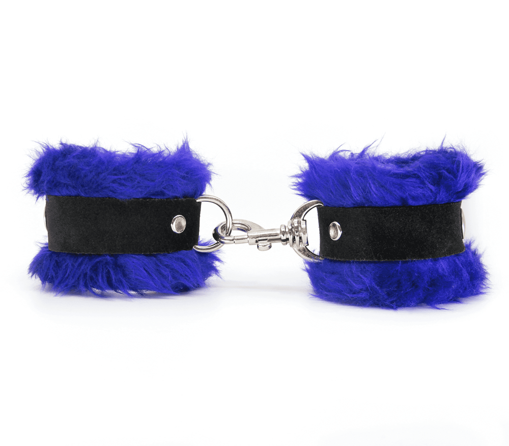 Love In Leather Fluffy Cuffs with Suede Leather Strap - Blue - Cuffs And Restraints