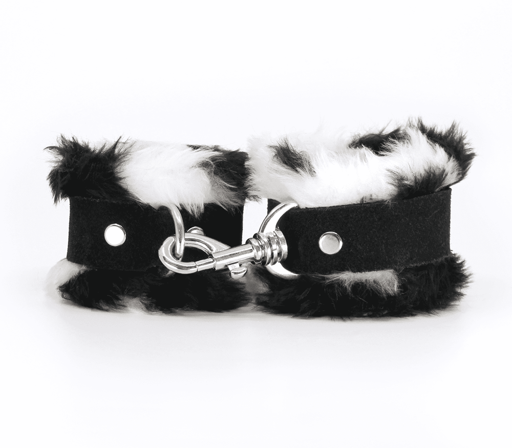 Love In Leather Fluffy Cuffs with Suede Leather Strap - White Animal Print - Cuffs And Restraints