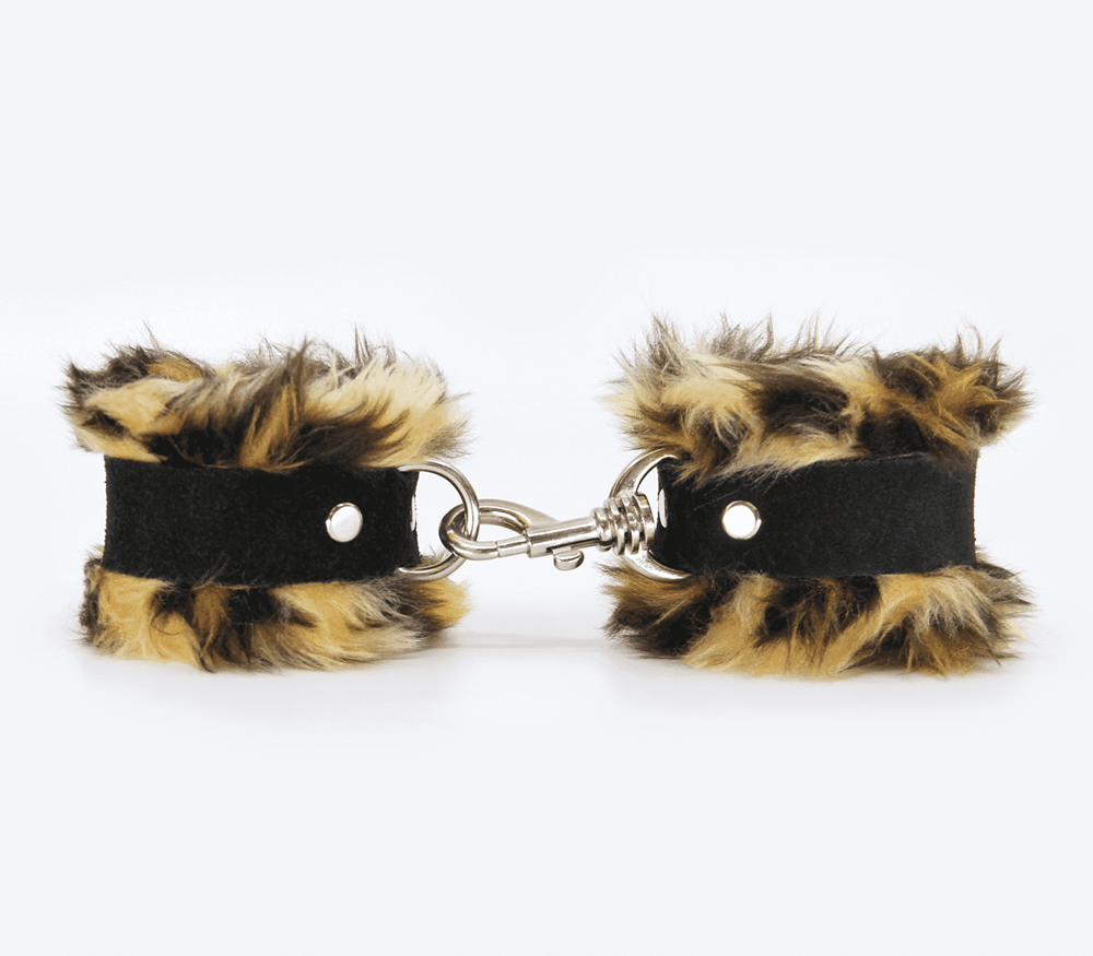 Love In Leather Fluffy Cuffs with Suede Leather Strap - Brown Animal Print - Cuffs And Restraints