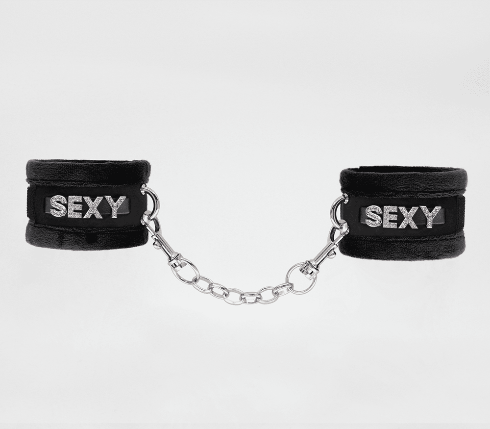 Love In Leather Fluffy Diamante SEXY Wrist Cuffs - Black - Cuffs And Restraints