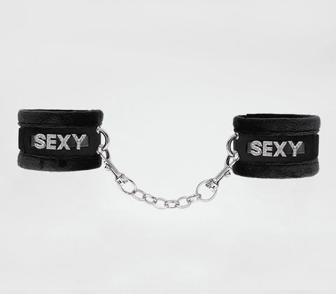 Love In Leather Fluffy Diamante SEXY Wrist Cuffs with Velcro Closure - Cuffs And Restraints