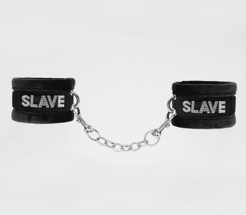 Love In Leather Fluffy Diamante SLAVE Hand Cuffs with Crystal Lettering - Cuffs And Restraints